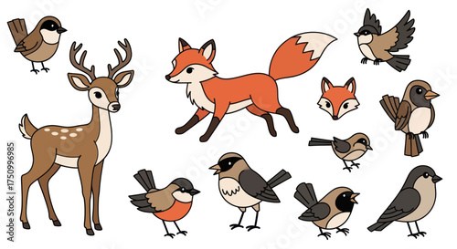 Charming cartoon woodland animals including a deer fox and various birds.
