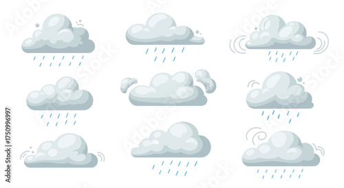 Set of stylized cartoon weather clouds depicting rain wind and fair conditions.