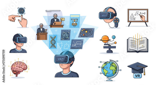 Set of flat design icons illustrating virtual reality technology for immersive education and e-learning.