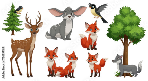 A charming collection of illustrated forest animals like deer fox wolf and rabbit with trees.