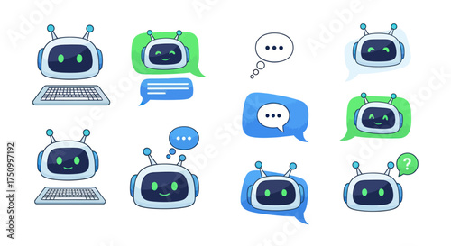 Cartoon Chatbot Icons with Antennae and Speech Bubbles.