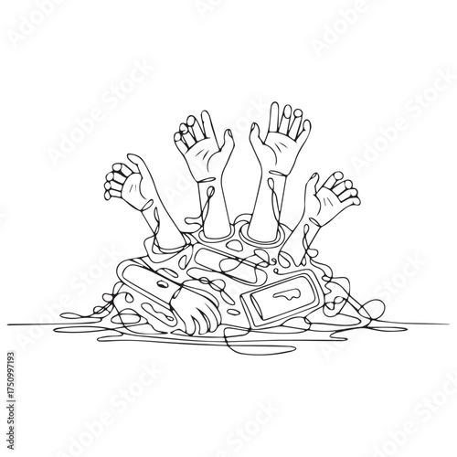 Continuous Simple black line art drawing of a zombie hand in a minimalist style on a white background.