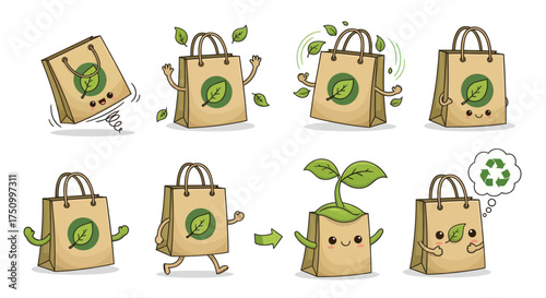 A collection of cute eco-friendly paper shopping bag cartoon characters in various poses promoting recycling and sustainability.