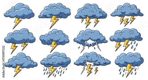 A collection of cartoon-style blue storm clouds with yellow lightning bolts and rain.