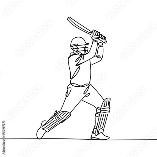Continuous Simple black line art drawing of a Cricket Player in a minimalist style on a white background.