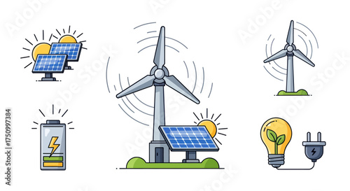 Illustrated Renewable Energy Sources: Solar Panels and Wind Turbine.