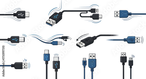 Diverse USB Cable Connectors Set for Electronic Device Connectivity and Data Transfer.
