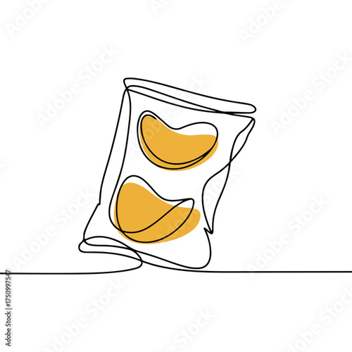 Continuous Simple black line art drawing of a potato chips in a minimalist style on a white background.