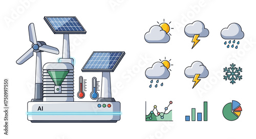 Illustrated Weather Station with Solar Panels and Wind Turbine.