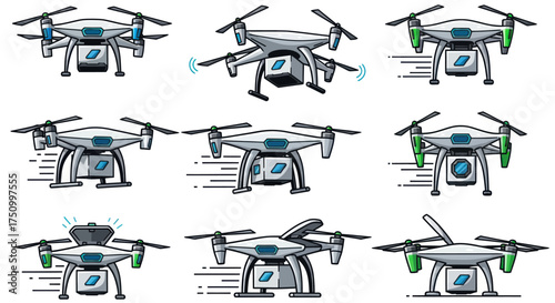 Collection of Futuristic Quadcopter Drones with Propellers and Cameras.