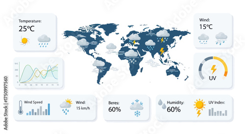 Global Weather Forecast Map with Digital Widgets and Climate Data.