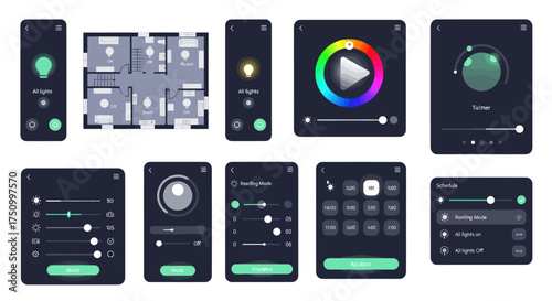 Smart Home Control App UI Elements Set in Dark Mode.