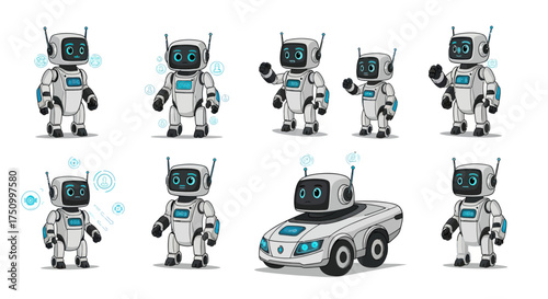 Collection of Cute White Cartoon Robots with Screen Faces and Antennae.