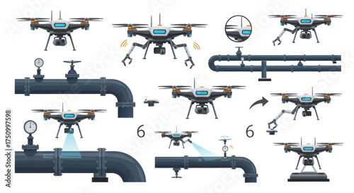 Set of Industrial Drones Inspecting and Repairing Pipelines.