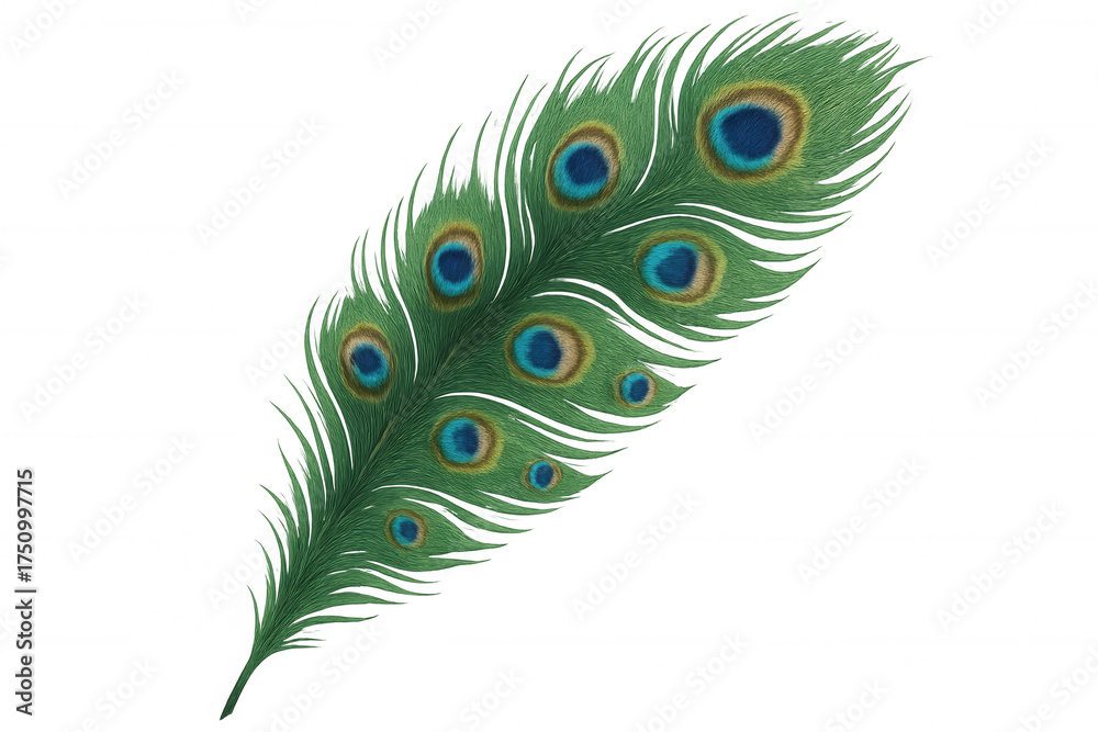 Obraz premium Peacock feather isolated on solid background, bird plumage showing iridescent green and blue eye and elegant pattern