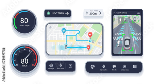Modern Automotive Digital Dashboard and Navigation UI Elements Set.