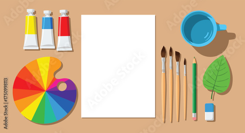 Artistic supplies for painting and drawing including paints brushes and paper.