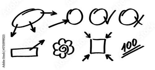 Set of hand drawn black exam marks, including checkmarks, crosses, arrows and grading symbols. Simple vector elements for educational or evaluation-themed designs. Accent marks and symbols.