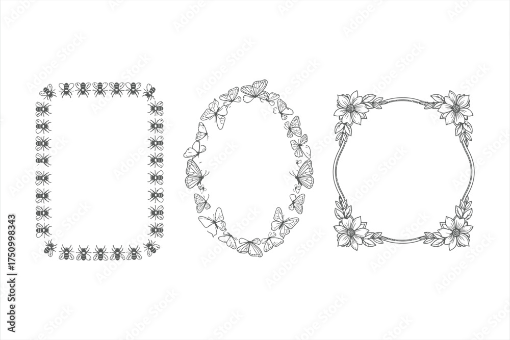 Obraz premium Three decorative borders with bees butterflies and floral elements butterfly flower