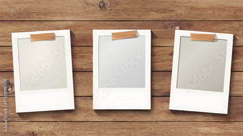 Three blank polaroid photos hanging on a rope with wooden clips against a beige background