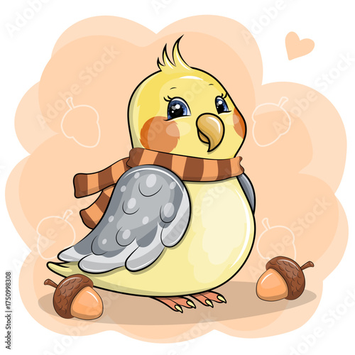 Cute cartoon parrot and acorns. Autumn Vector illustration of animal on orange background.