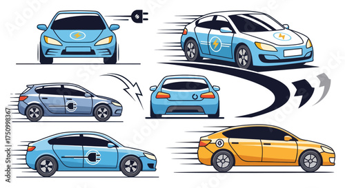 Vector Illustrations of Electric Cars in Motion and Charging.