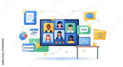 Diverse group of people participating in a virtual video conference meeting online.