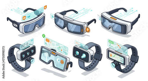 Isometric Collection of Augmented and Virtual Reality Smart Glasses and Wearable Tech Devices.