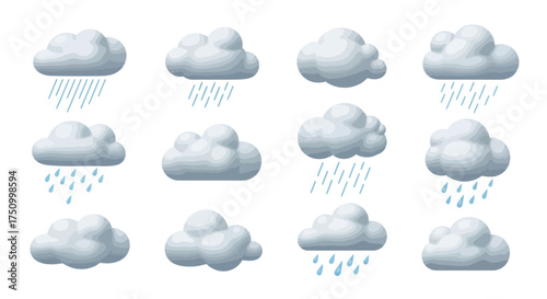 Collection of Cartoon Clouds with Raindrops Weather Icons and Meteorological Elements.