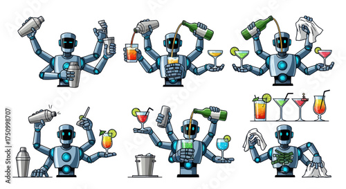 Robotic Bartender Preparing and Serving Assorted Cocktails with Multiple Arms.