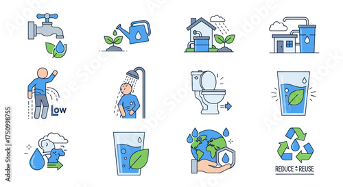 Flat Design Water Conservation Icons Set for Environmental Sustainability and Eco-Friendly Living.