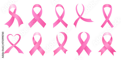 Pink ribbon collection. Breast cancer awareness symbol. Vector isolated on white.