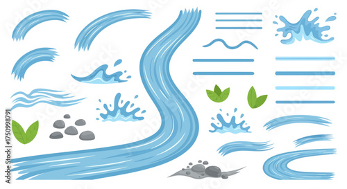 Collection of Stylized Blue Water Elements and River Flow.