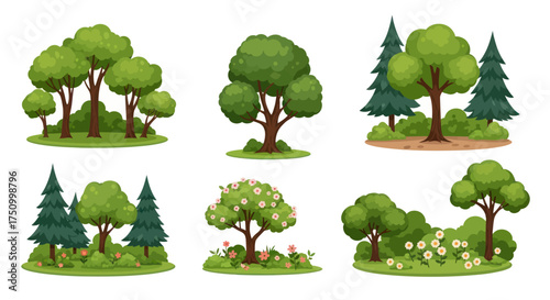 Collection of Cartoon Trees and Bushes with Green Foliage.