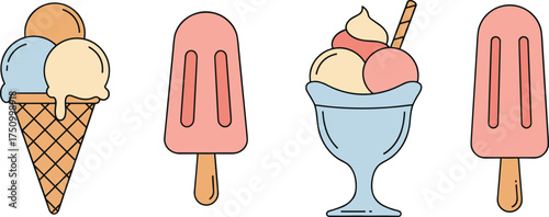 Colorful cartoon vector illustration of ice cream cone, popsicle, sundae dessert glass, and frozen treats in playful summer style design