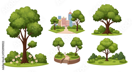 Cartoon Trees and Greenery Set for Landscape Design Elements.