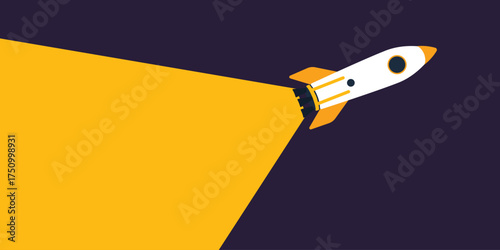 Background illustration of a rocket design with a launch trajectory. Banner with negative space.