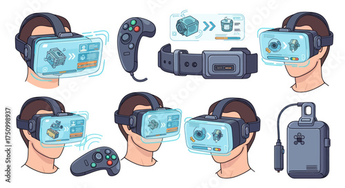 Illustrated Set of Virtual Reality Headsets and Controllers.