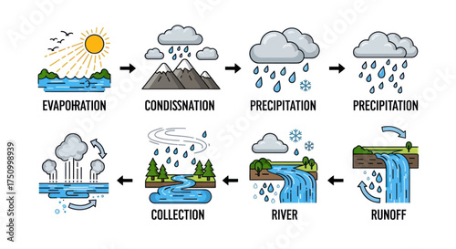Diagram Illustrating the Continuous Water Cycle Process.