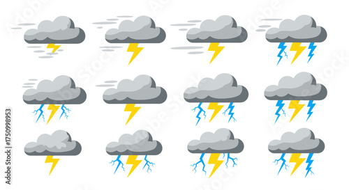 Cartoon Weather Icons Set: Storm Clouds with Lightning and Rain.