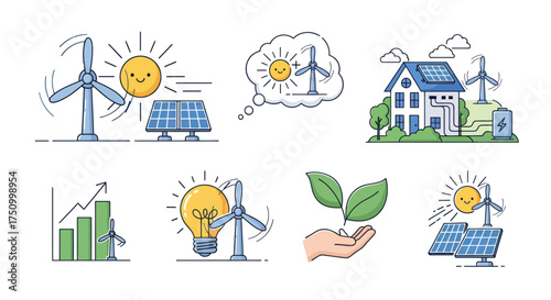 Collection of illustrations depicting renewable energy sources and sustainable living concepts.