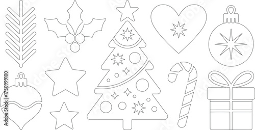 Outline Drawing Featuring a Christmas Tree, Stars, Candy Cane, Gift, and Other Holiday Symbols