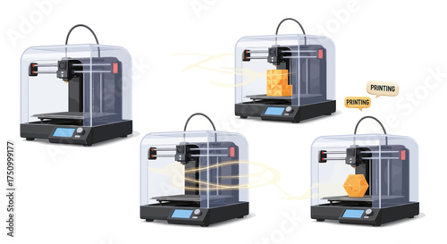 Multiple 3D Printers with Clear Enclosures and Various Printed Objects Inside.