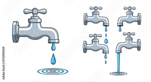 Illustrated set of metallic water taps showing different flow rates from a single drop to a steady stream.