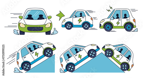 Collection of Electric Cars in Various Driving Scenarios and Actions.