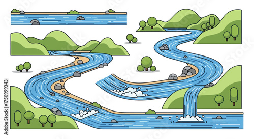 Cartoon River Landscape with Mountains Trees and Waterfalls.
