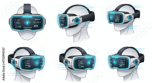 Futuristic Virtual Reality Headsets with Glowing Digital Interfaces.