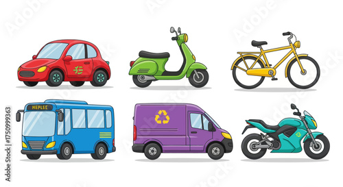 Collection of Colorful Cartoon Vehicles for Transportation and Travel.