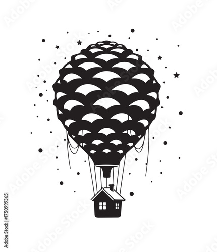 Black and white illustration of a hot air balloon shaped like a pinecone carrying a small house with scattered dots and stars