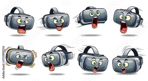 Collection of cartoon virtual reality headsets with expressive faces.
